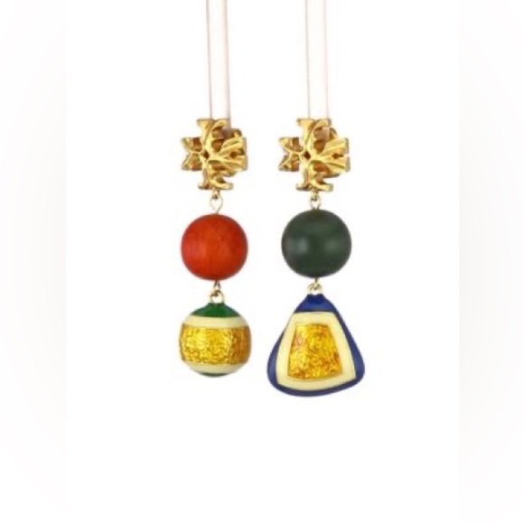 🆕Authentic Tory Burch Roxanne Wood & Resin Mismatched Double Drop Earrings - Picture 4 of 15